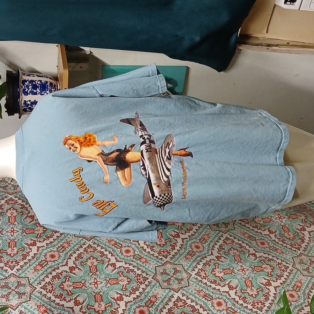 Vintage Gildan Light Blue P-47D Thunderbolt Eye Candy Pin Up Tee, Size L